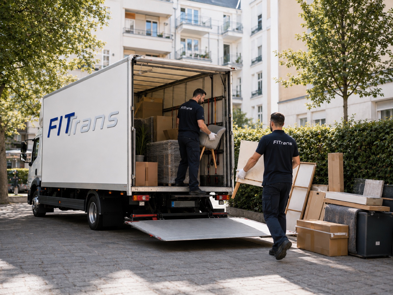 Zwei FITTRANS-Mitarbeiter verladen Möbel über die Ladebordwand des Umzugs-LKW vor einem Berliner Wohnhaus